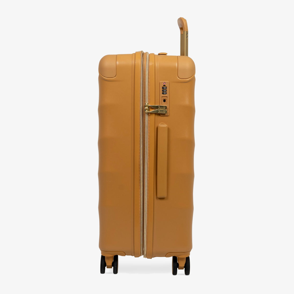 Gold Sunset Sahara medium suitcase, side view showing the side handle and reinforced corners