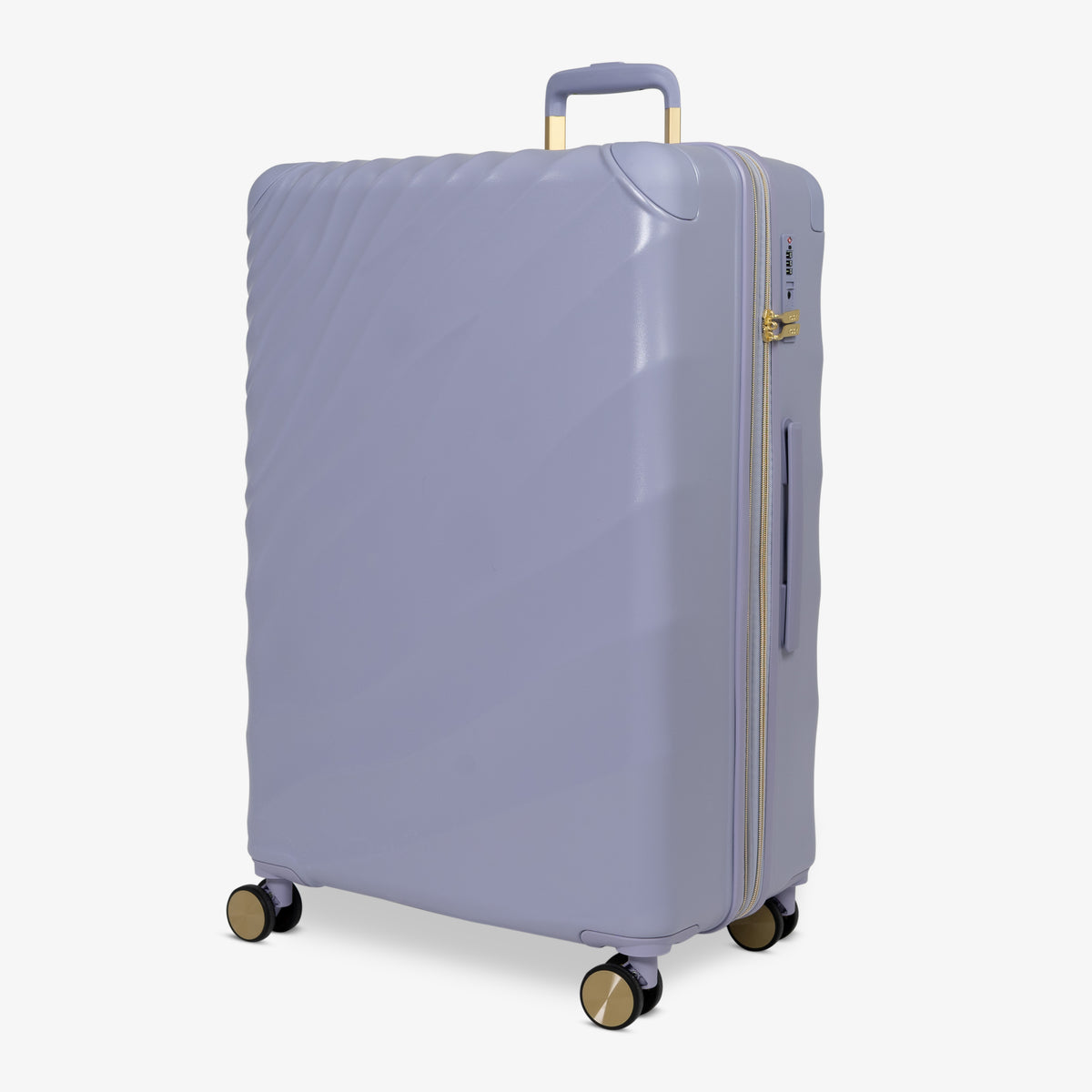 Lilac Sunrise Sahara large suitcase, angled view showing the wave-design shell