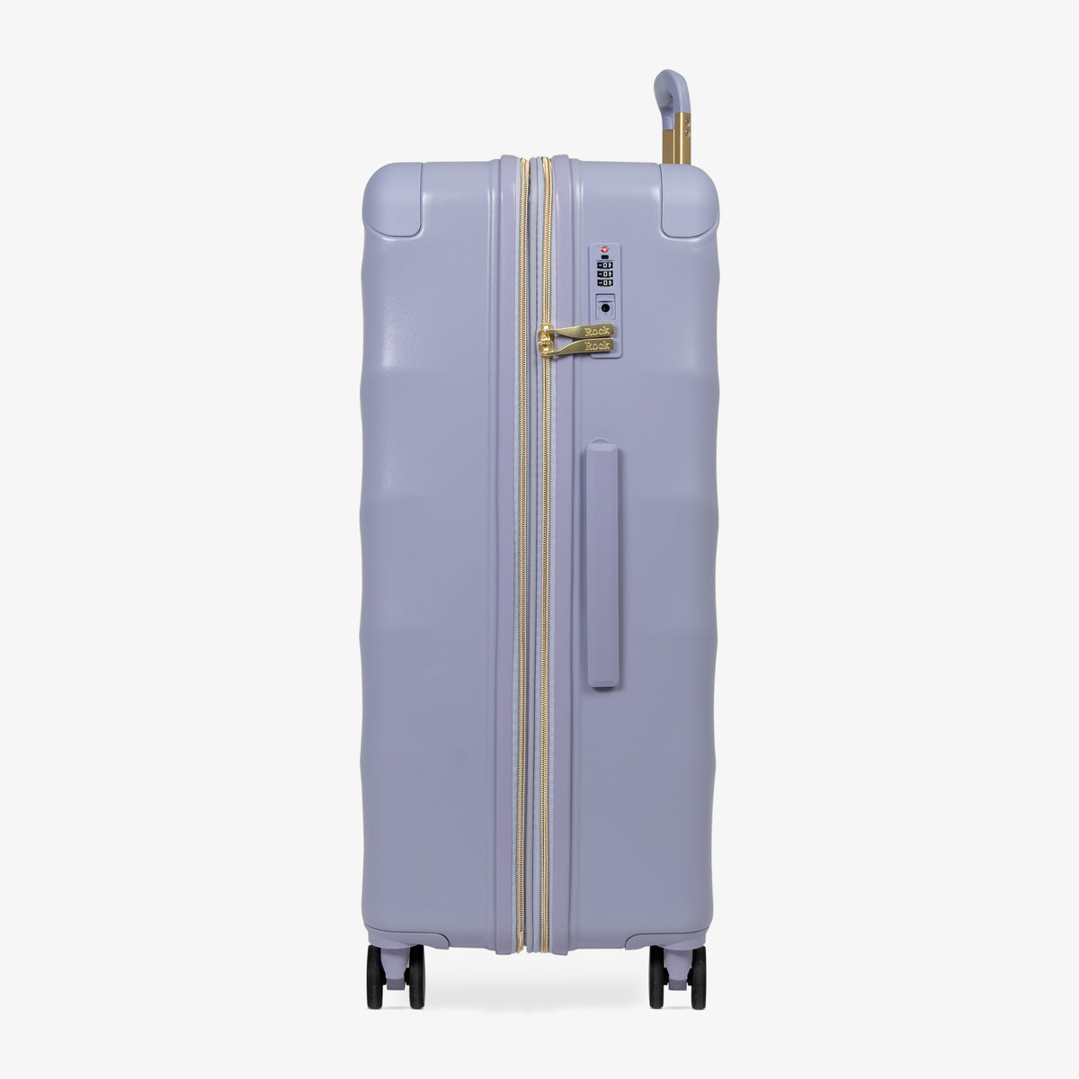 Lilac Sunrise Sahara large suitcase, side view showing the side handle and reinforced corners