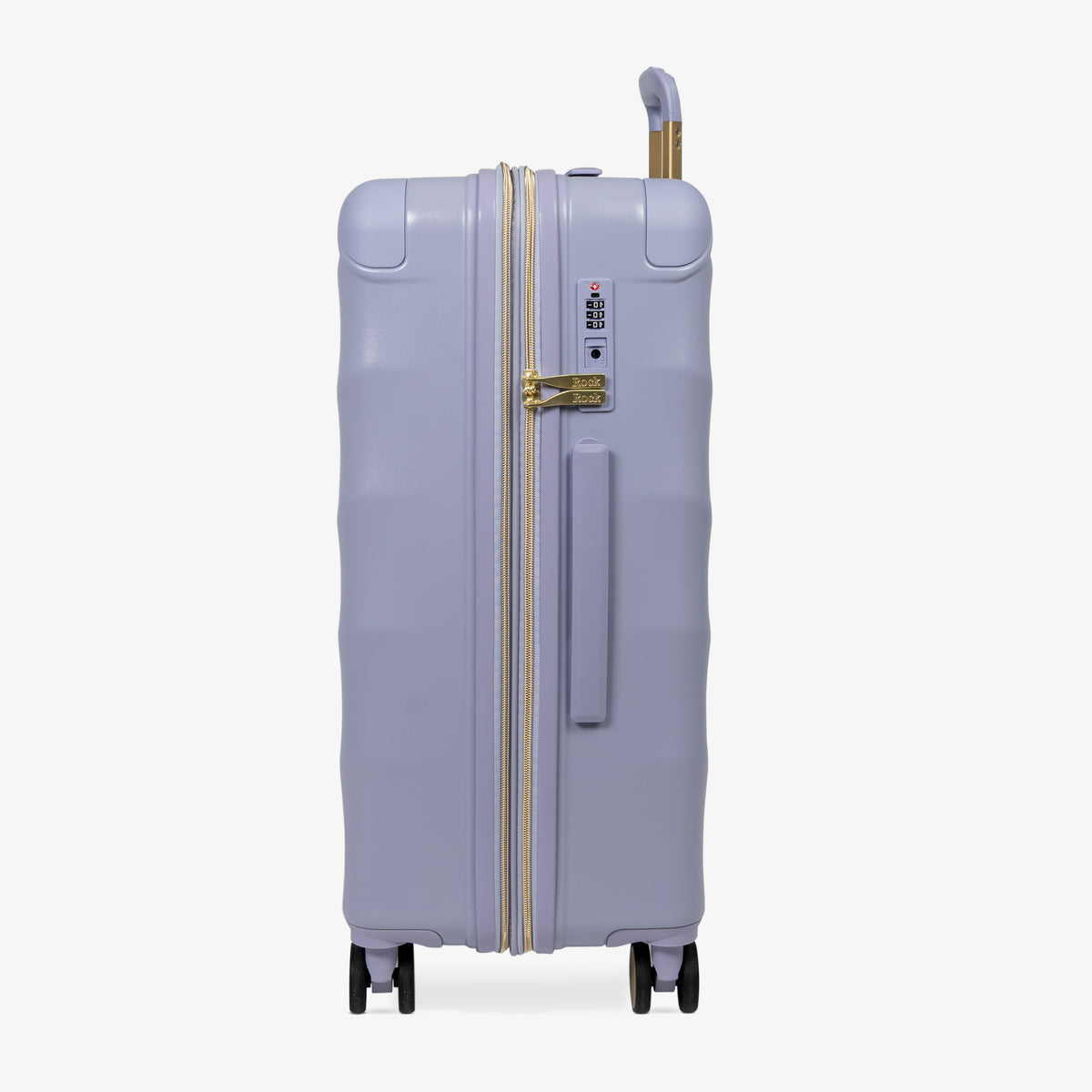 Lilac Sunrise Sahara medium suitcase, side view showing the side handle and reinforced corners