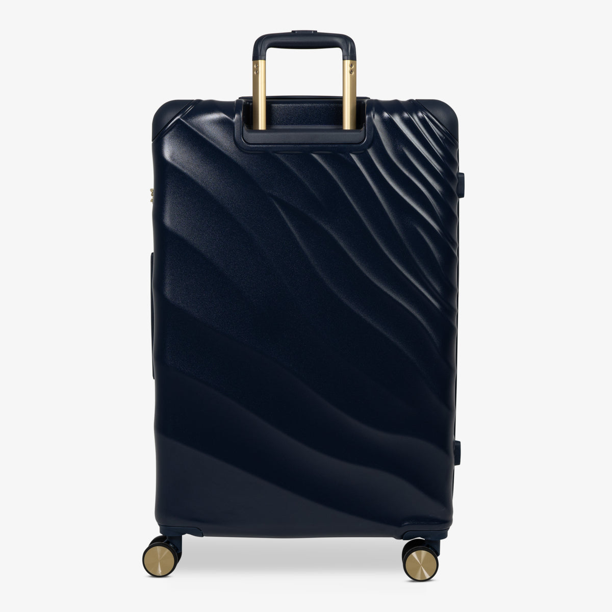 Midnight Navy Sahara large suitcase from the back, showing the trolley handle and back panel