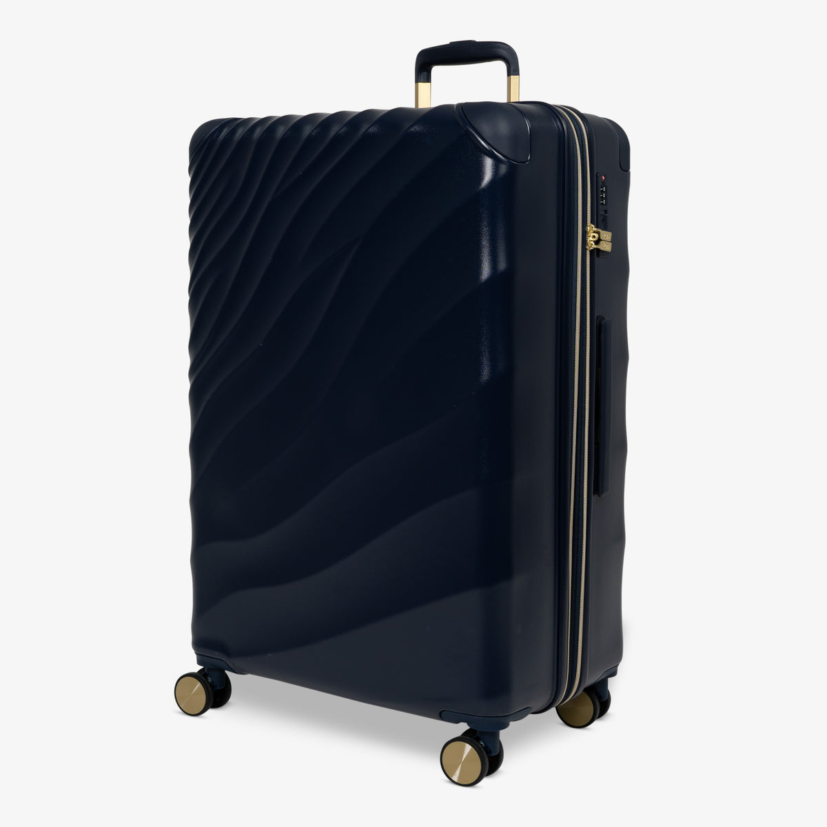 Midnight Navy Sahara large suitcase, angled view showing the wave-design shell