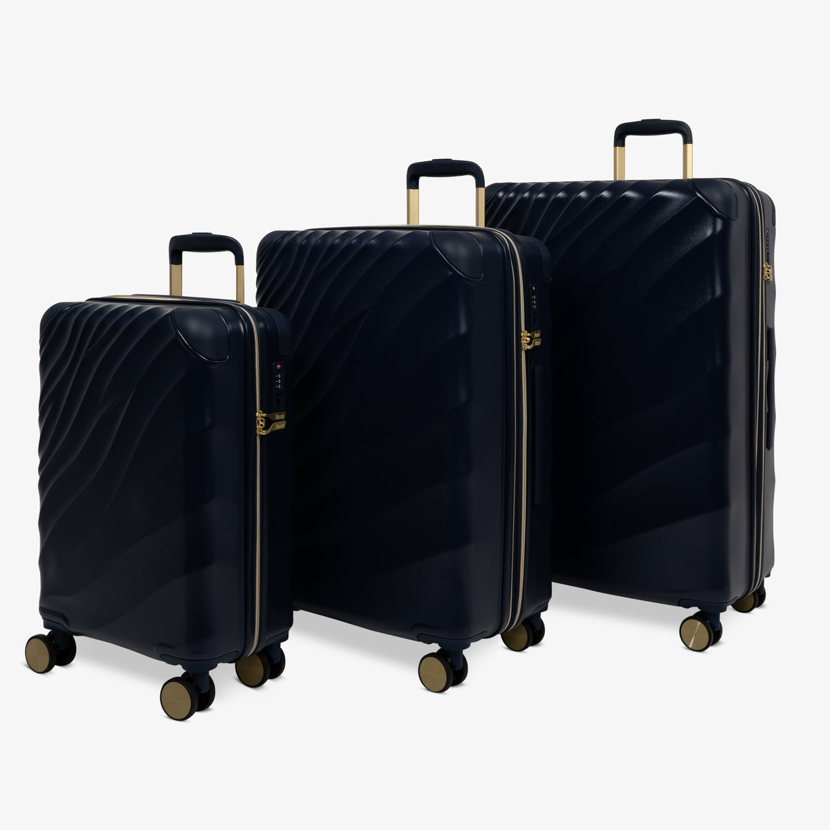 Midnight Navy Sahara suitcase set: cabin, medium and large cases standing together