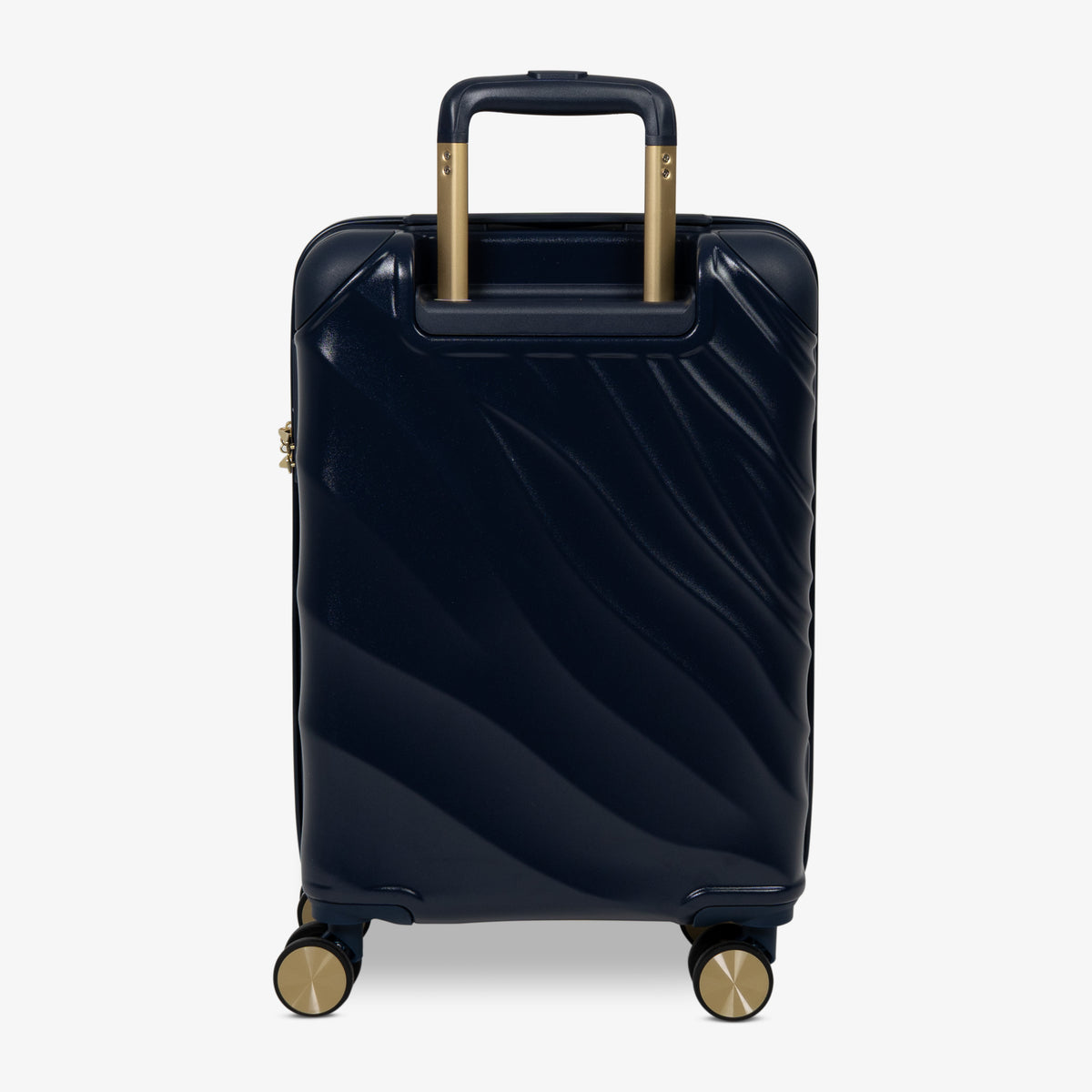 Midnight Navy Sahara cabin suitcase from the back, showing the trolley handle and back panel