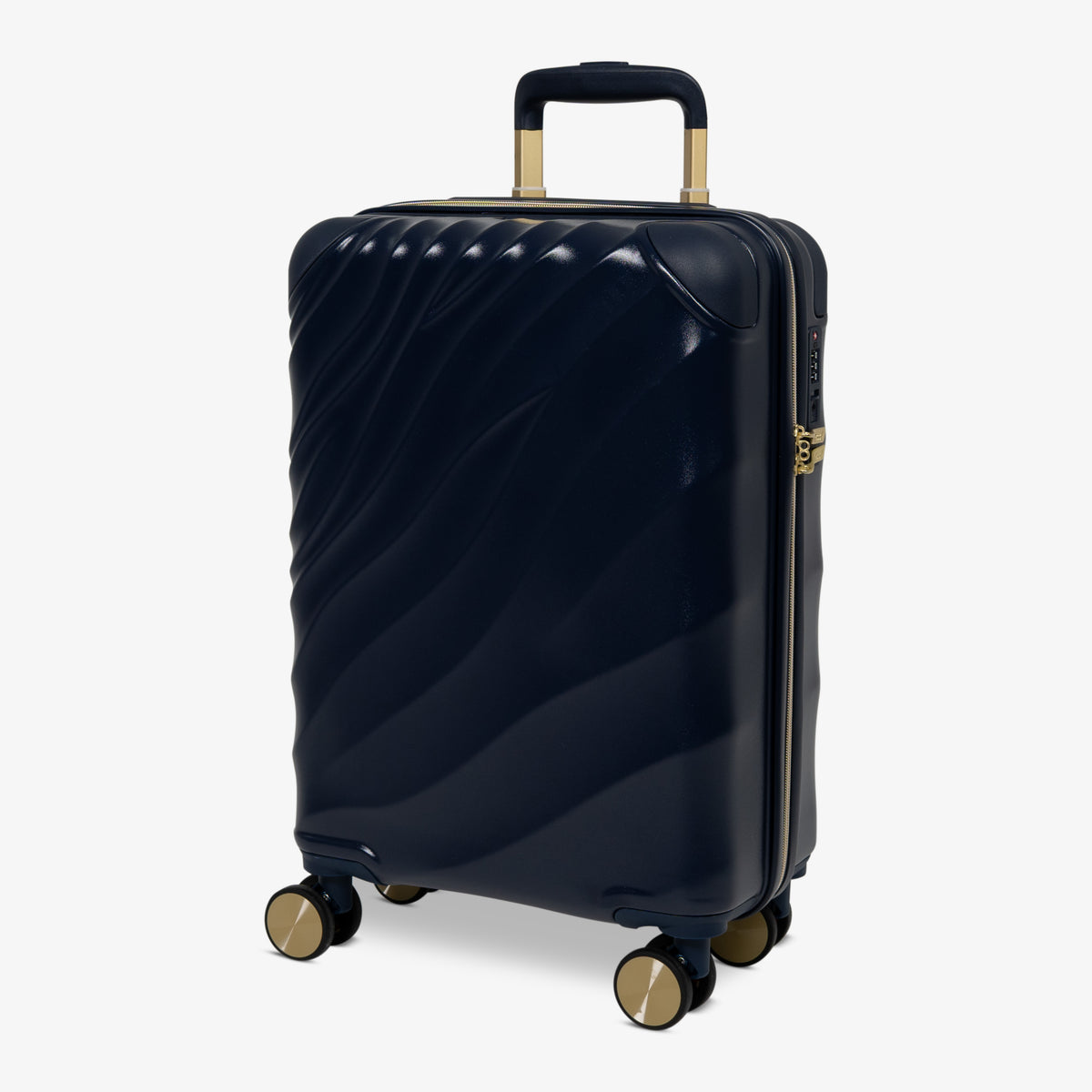 Midnight Navy Sahara cabin suitcase, angled view showing the wave-design shell