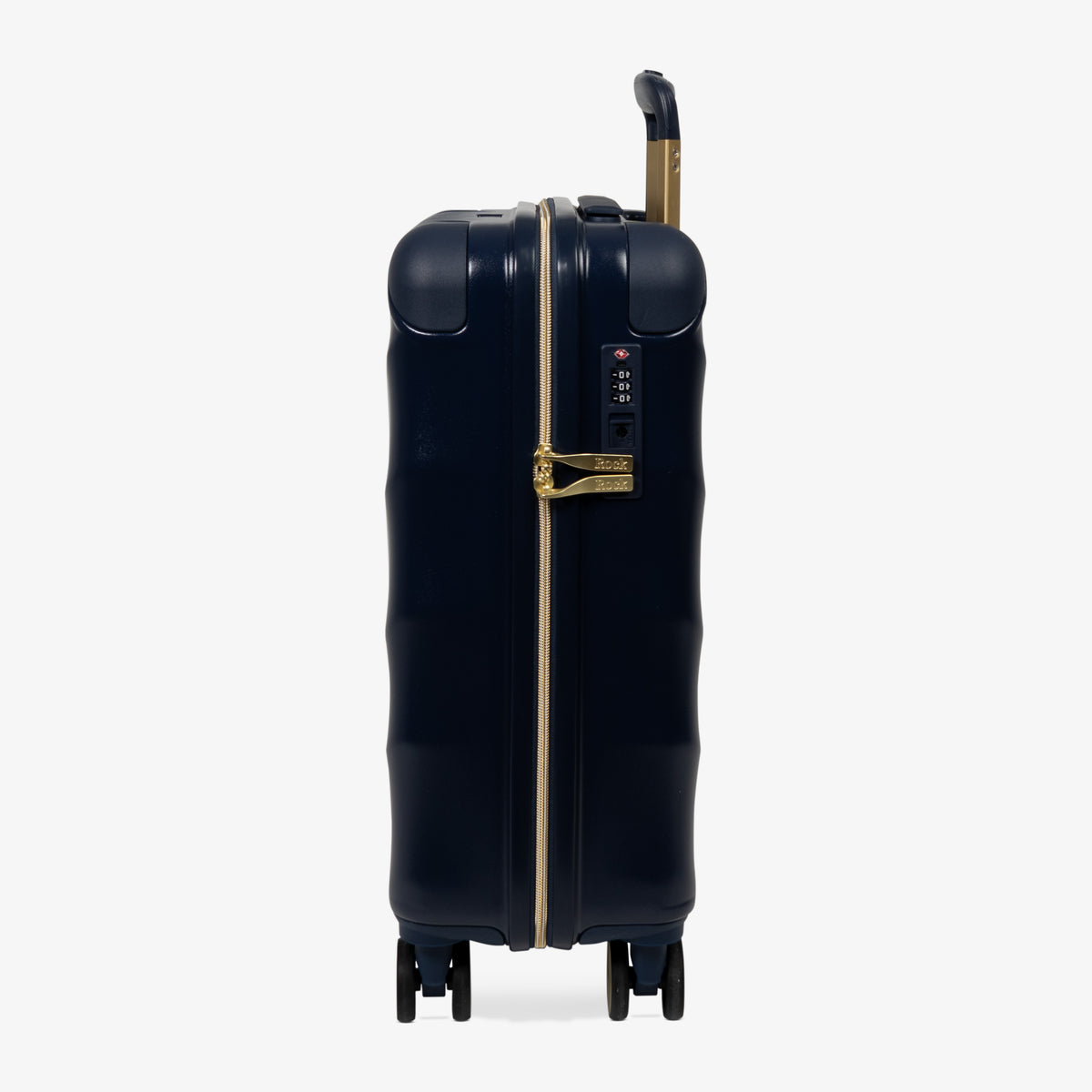 Midnight Navy Sahara cabin suitcase, side view showing the side handle and reinforced corners