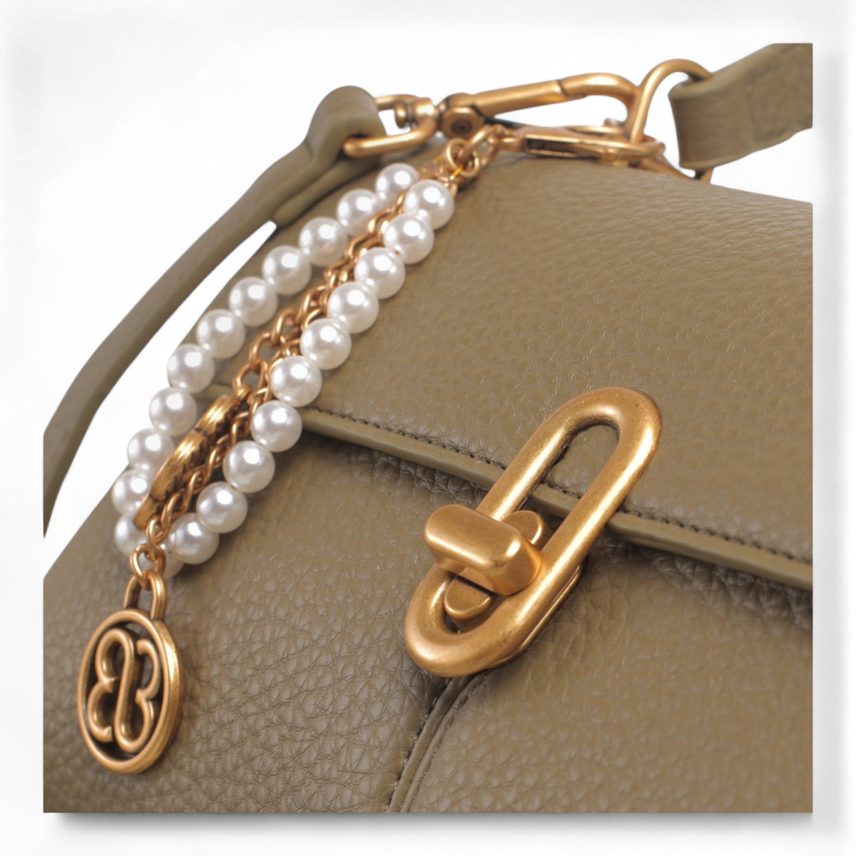 Bag Shack dark khaki faux leather handbag with gold lock detail and decorative pearl chain charm