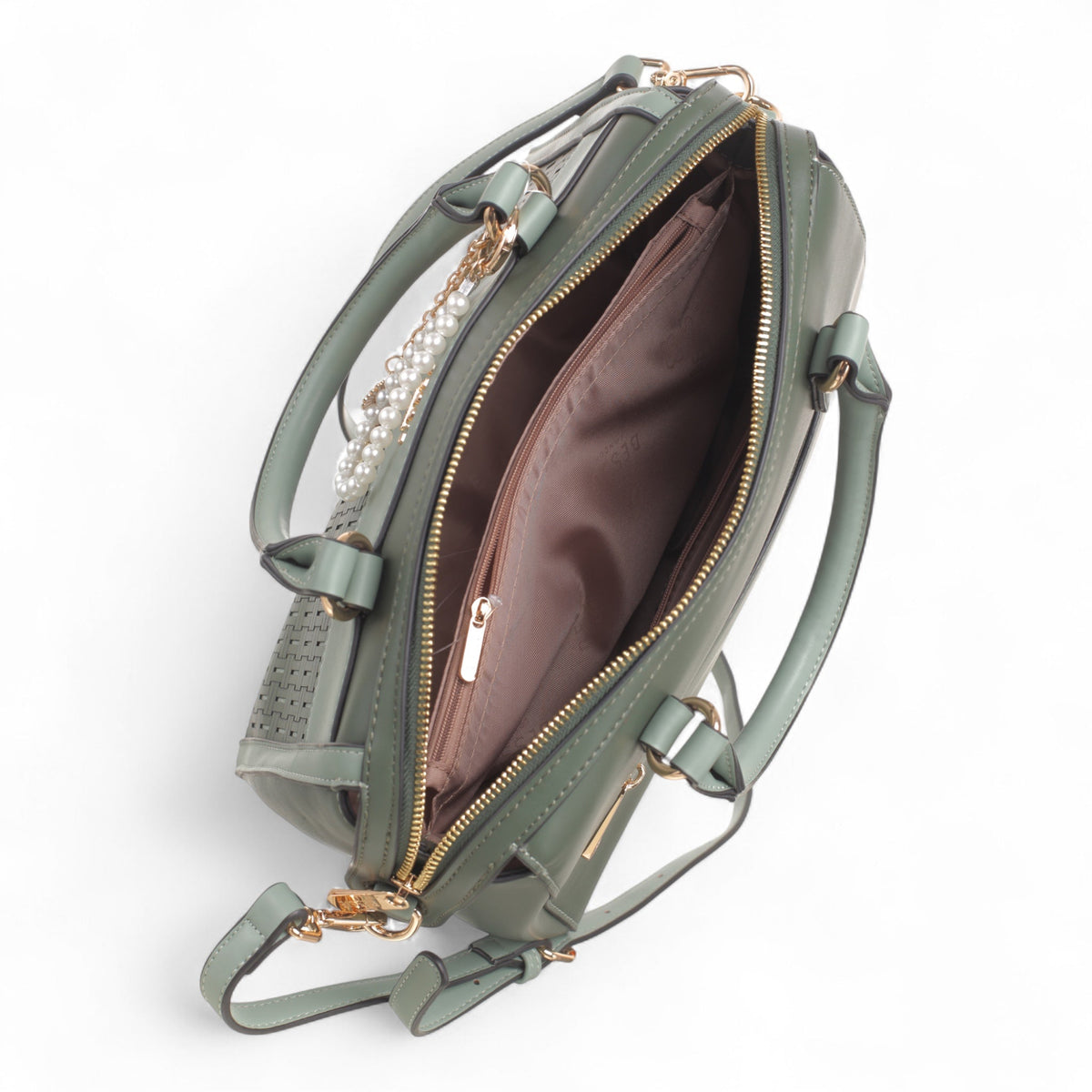 Bag Shack green multi-compartment handbag with woven panel, gold hardware, and pearl detail on the handle
