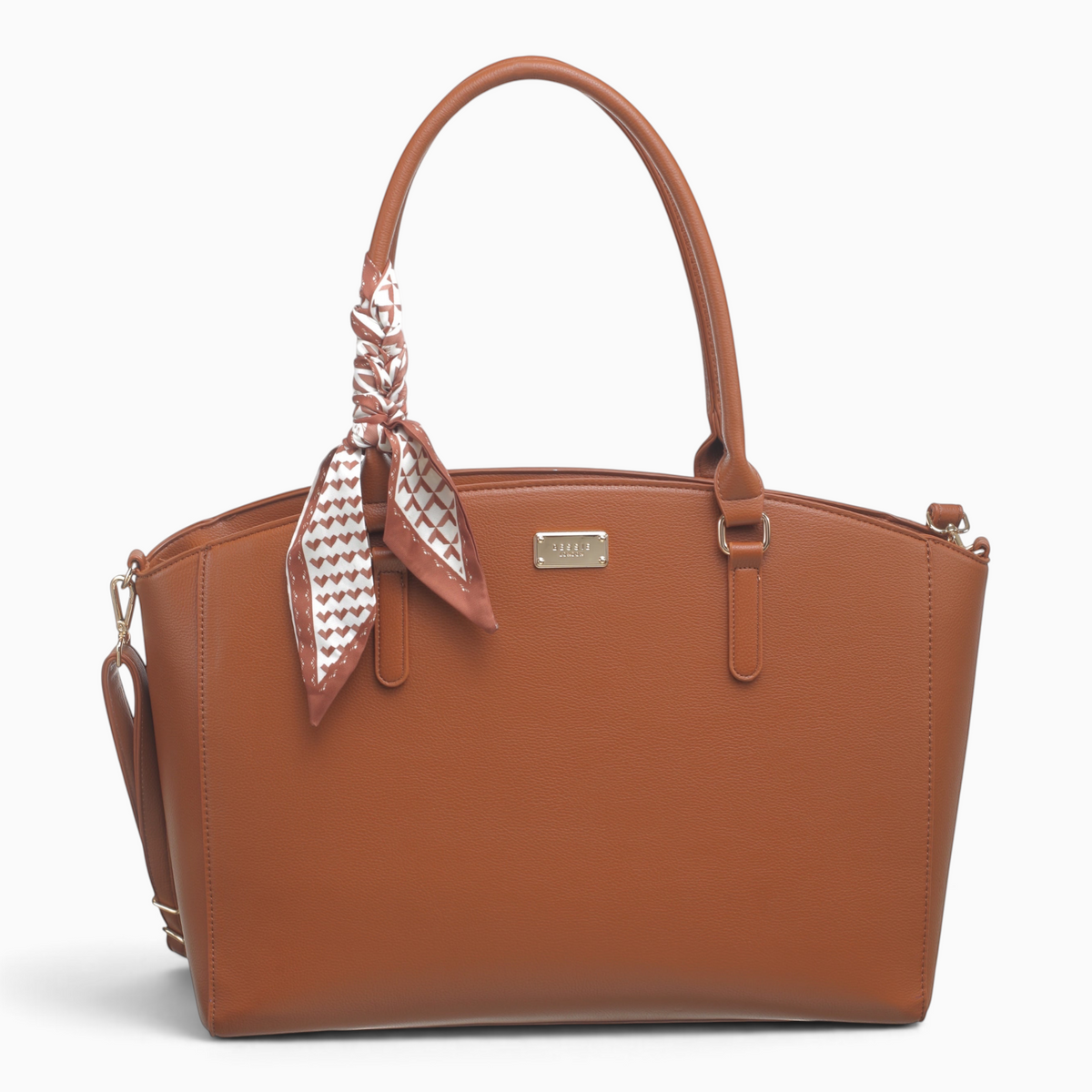 Bag Shack | Luggage, Bags, Handbags & Travel Accessories brown faux leather tote with patterned scarf and gold logo