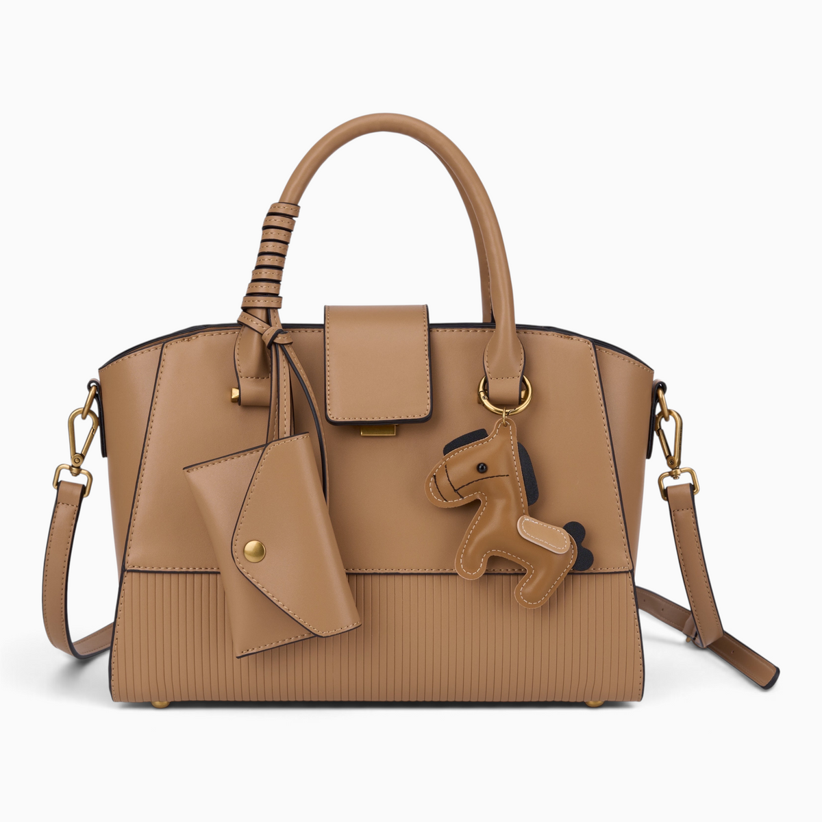 Bag Shack | Luggage, Bags, Handbags & Travel Accessories tan structured tote with ribbed base, pouch, and horse charm