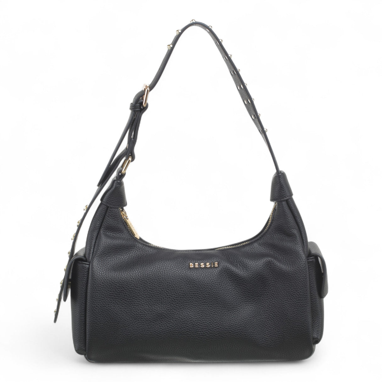 Bessie Stellar Edge Shoulder Bag in black with studded strap – front view