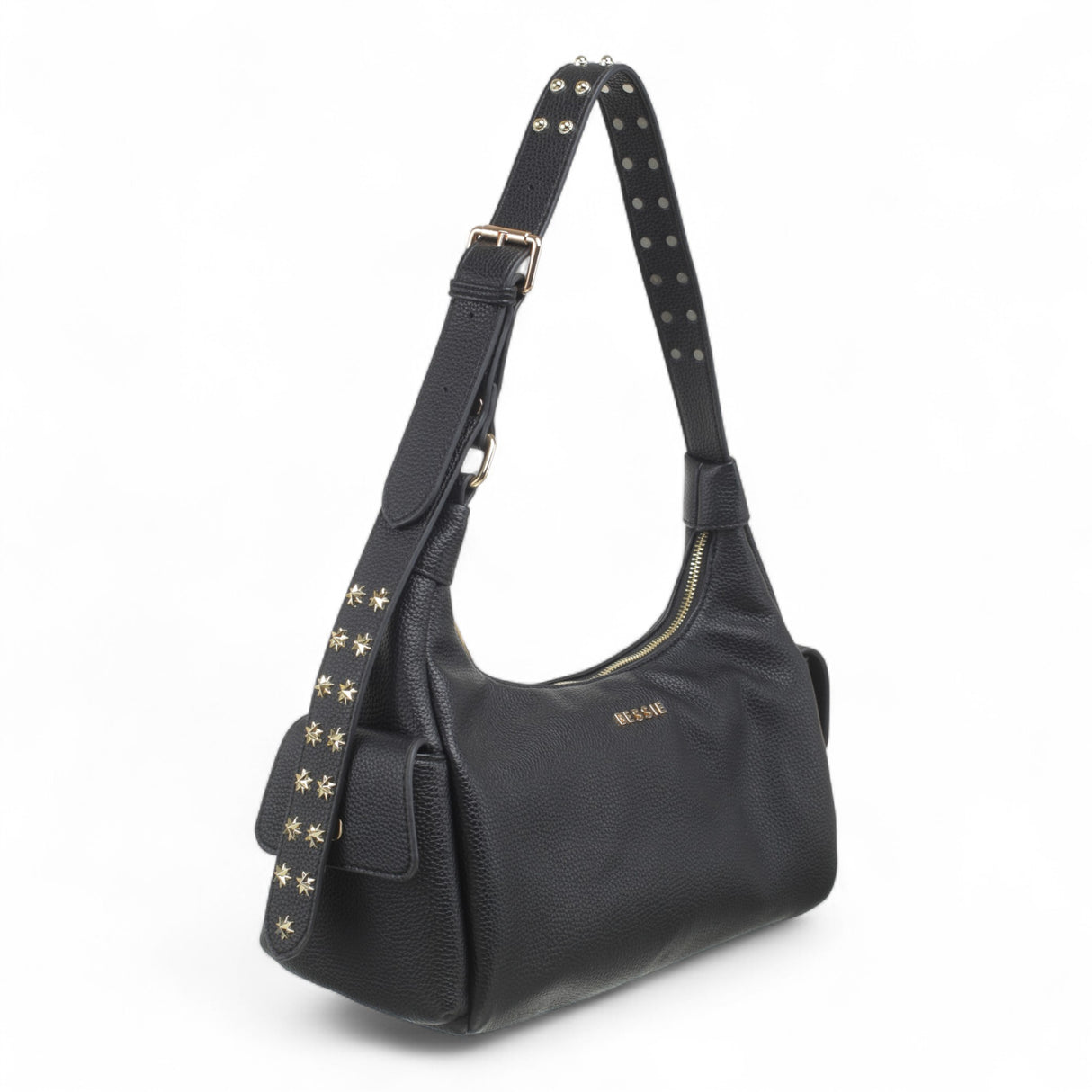 Side view of Bessie Stellar Edge Shoulder Bag in black with gold studded strap