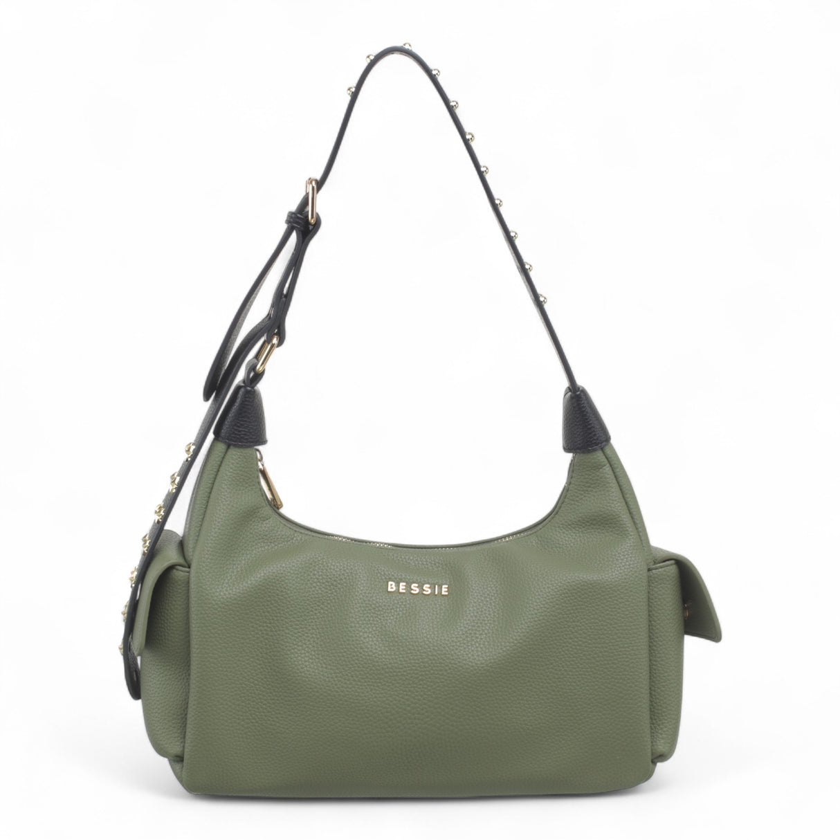 Bessie Stellar Edge Shoulder Bag in green with studded strap – front view