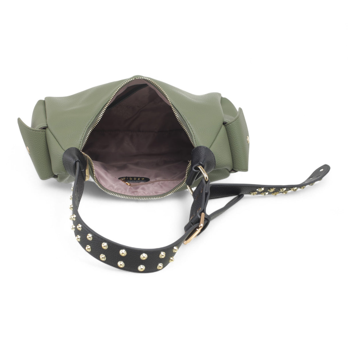 Interior view of green Bessie Stellar Edge Shoulder Bag showing compartments