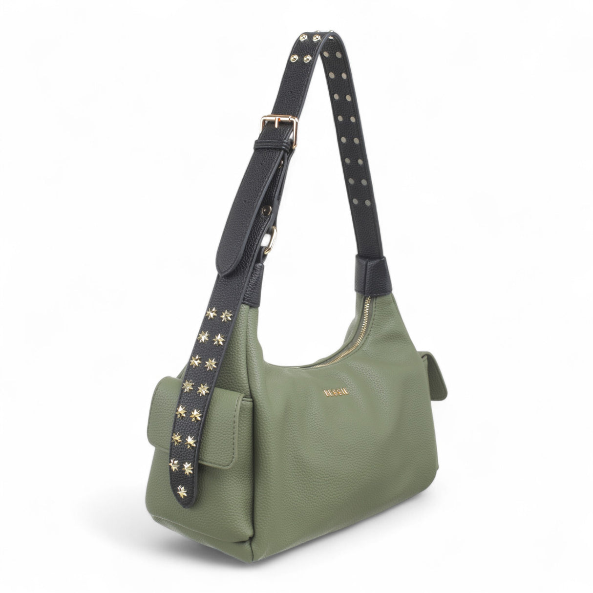 Side view of Bessie Stellar Edge Shoulder Bag in green with adjustable studded strap