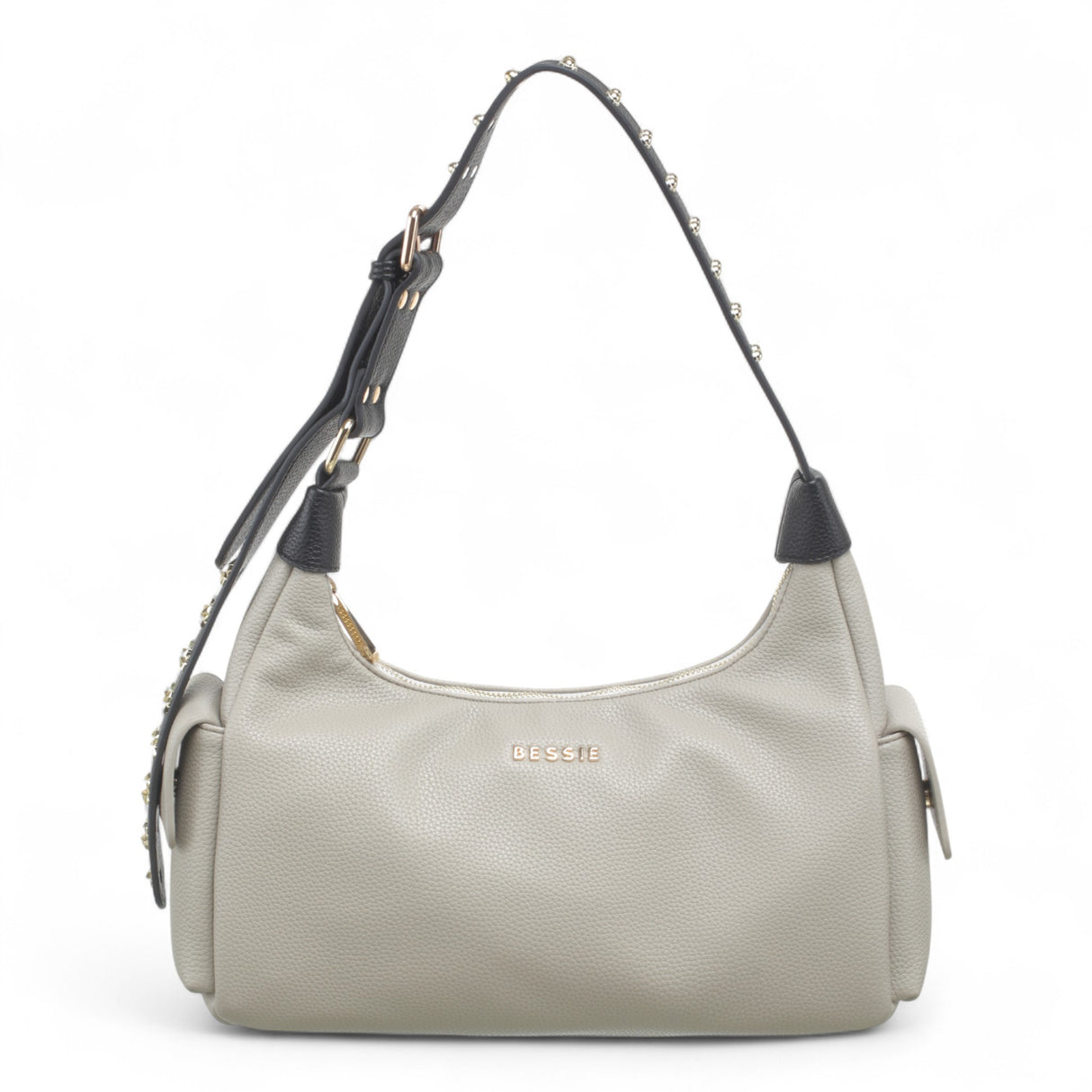 Bessie Stellar Edge Shoulder Bag in light grey with studded strap – front view