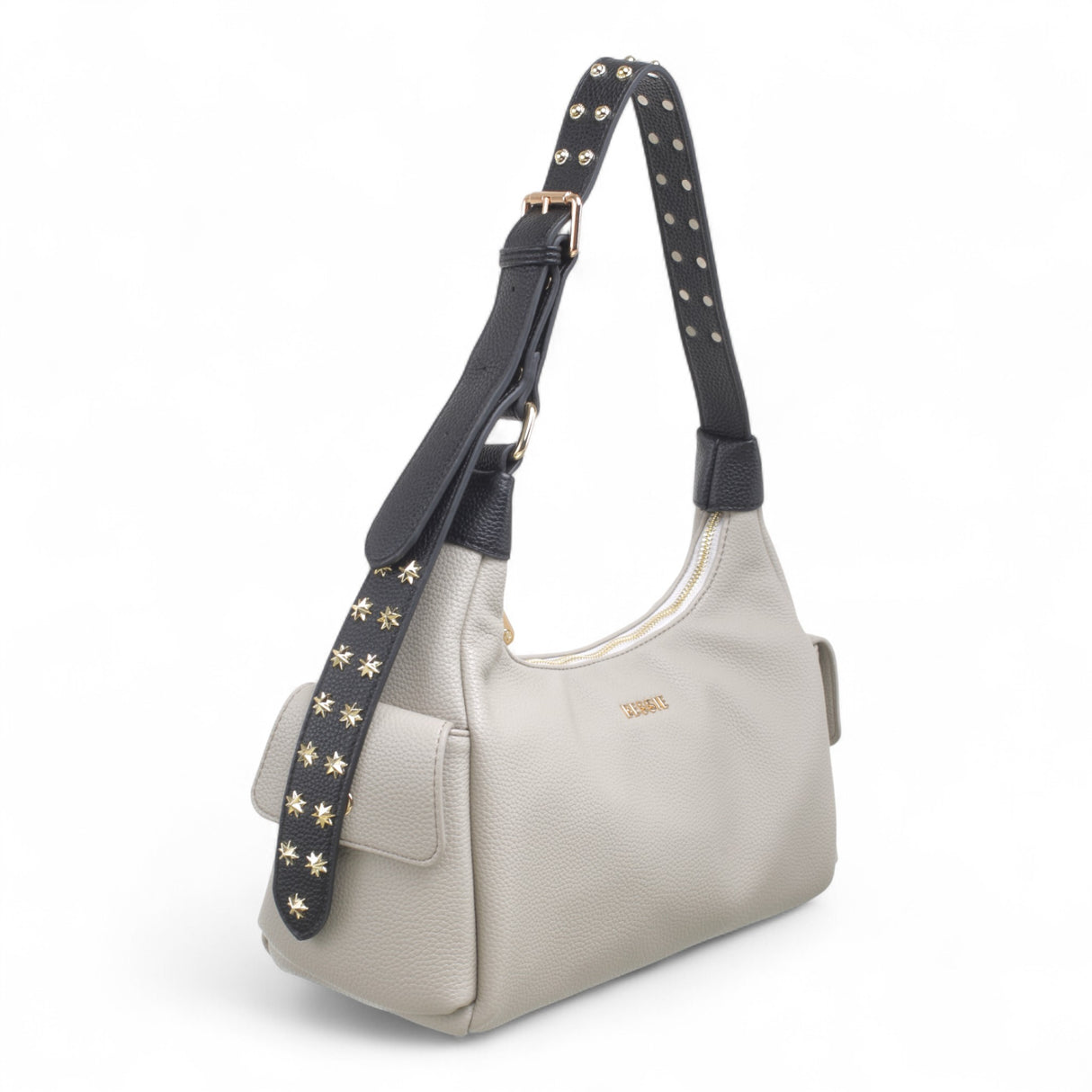 Side view of Bessie Stellar Edge Shoulder Bag in light grey with adjustable strap