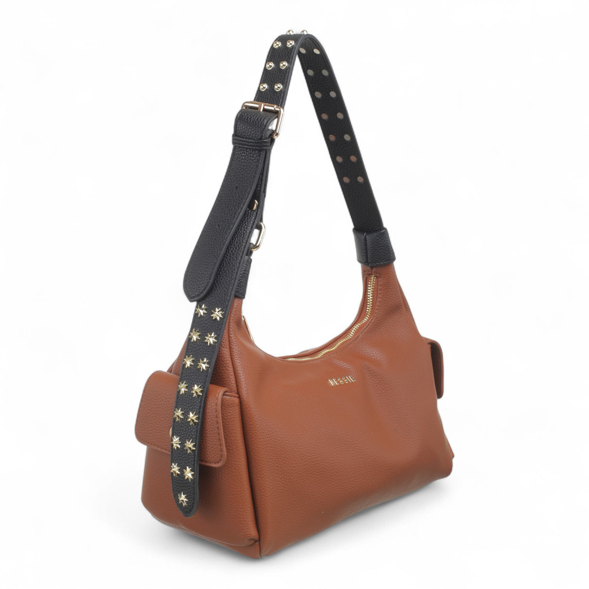 Side view of Bessie Stellar Edge Shoulder Bag in tan with black studded strap