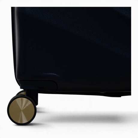 Midnight Navy Sahara suitcase, close-up of the 8 double spinner wheels