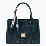 Blue velvet-effect flap tote bag with a matching scarf