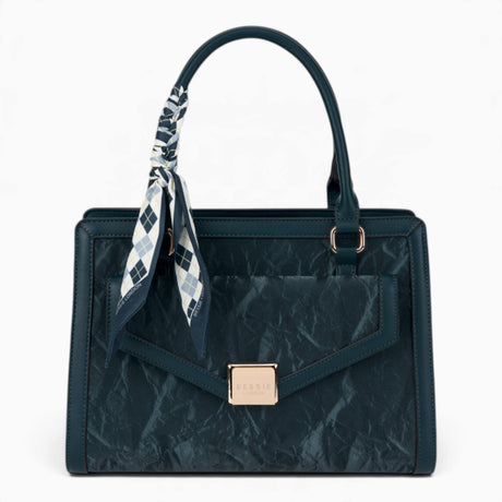 Blue velvet-effect flap tote bag with a matching scarf