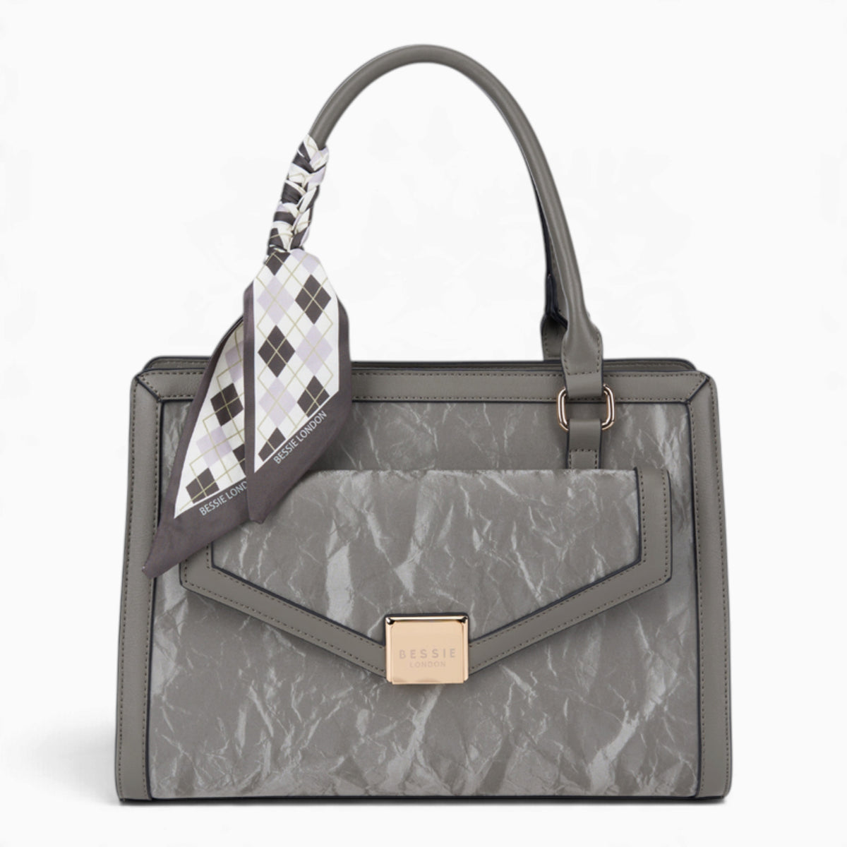 Grey velvet-effect flap tote bag with a matching scarf