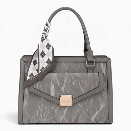 Grey velvet-effect flap tote bag with a matching scarf