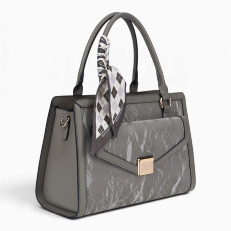 Grey velvet-effect flap tote bag, angled view showing the flap top and scarf