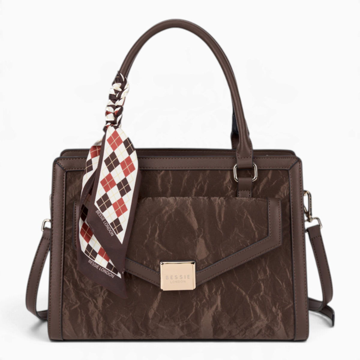 Coffee velvet-effect flap tote bag with a matching scarf
