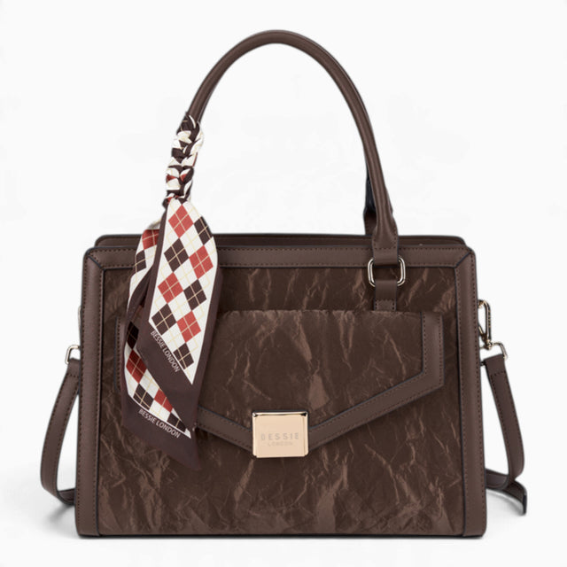 Coffee velvet-effect flap tote bag with a matching scarf