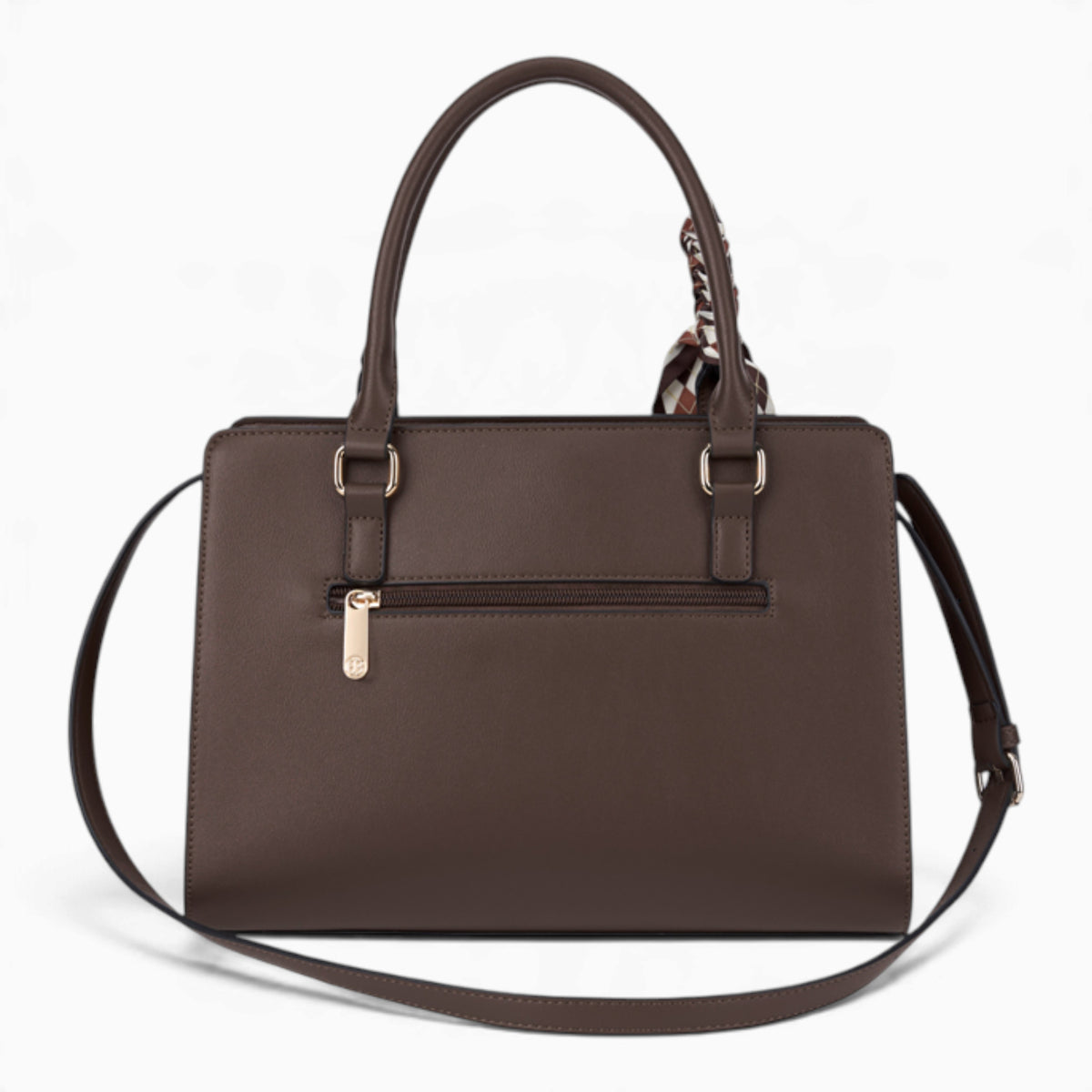 Coffee velvet-effect flap tote bag with its detachable shoulder strap attached