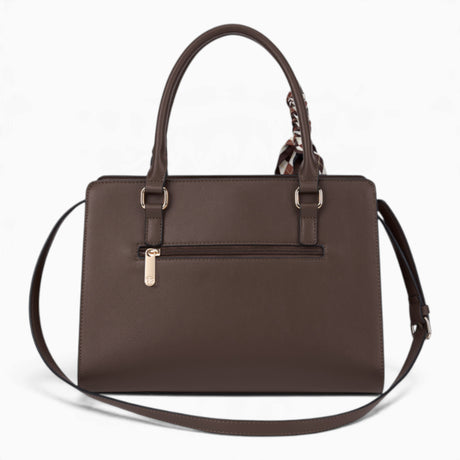 Coffee velvet-effect flap tote bag with its detachable shoulder strap attached