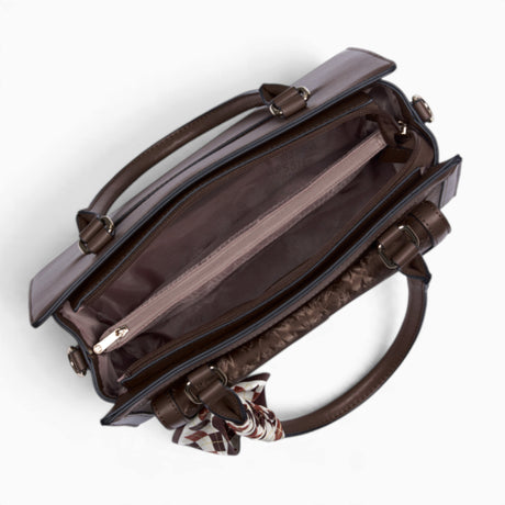Coffee velvet-effect flap tote bag opened to show the zipped divider and middle sections