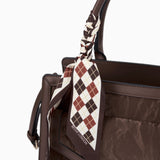 Coffee velvet-effect flap tote bag, close-up of the matching scarf and velvet-effect finish