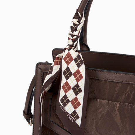 Coffee velvet-effect flap tote bag, close-up of the matching scarf and velvet-effect finish