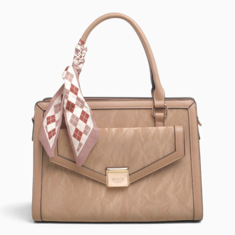 Khaki velvet-effect flap tote bag with a matching scarf