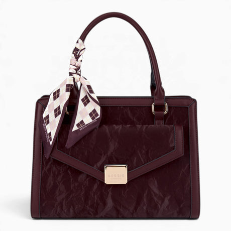 Wine velvet-effect flap tote bag with a matching scarf