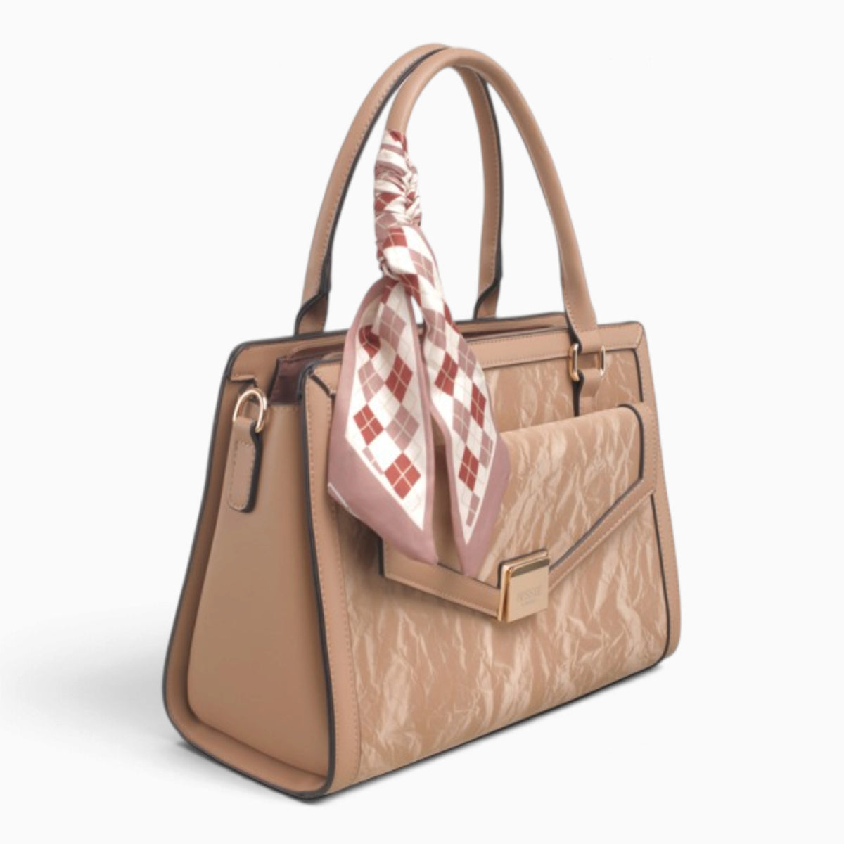 Khaki velvet-effect flap tote bag, angled view showing the flap top and scarf