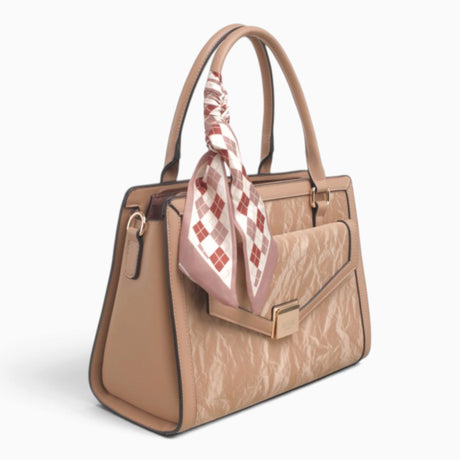 Khaki velvet-effect flap tote bag, angled view showing the flap top and scarf