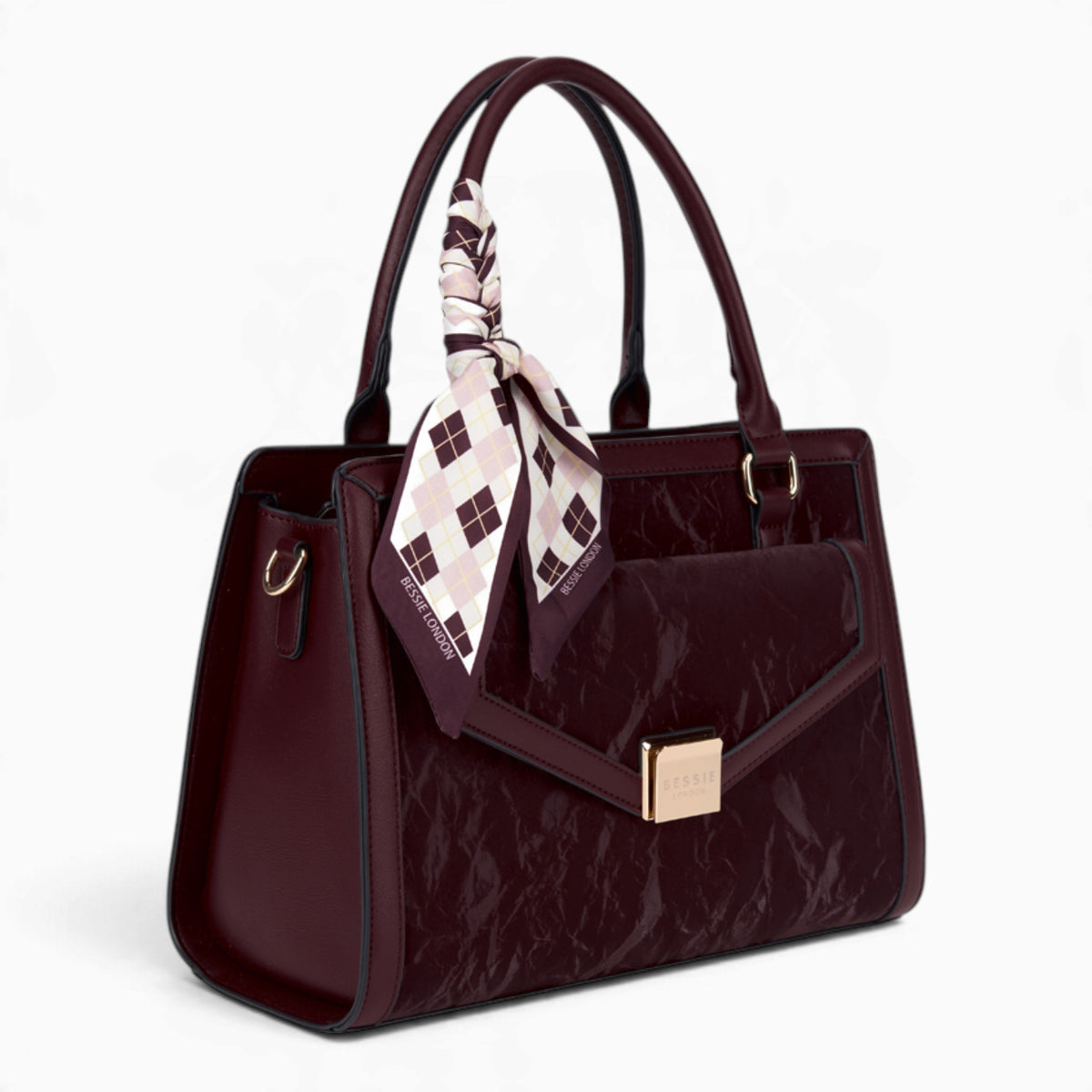Wine velvet-effect flap tote bag, angled view showing the flap top and scarf