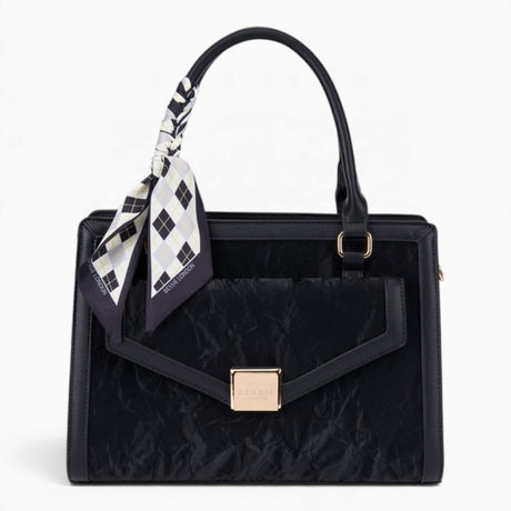 Black velvet-effect flap tote bag with a matching scarf
