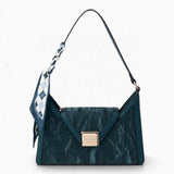 Blue velvet-effect underarm crossbody bag with a flap top and matching scarf
