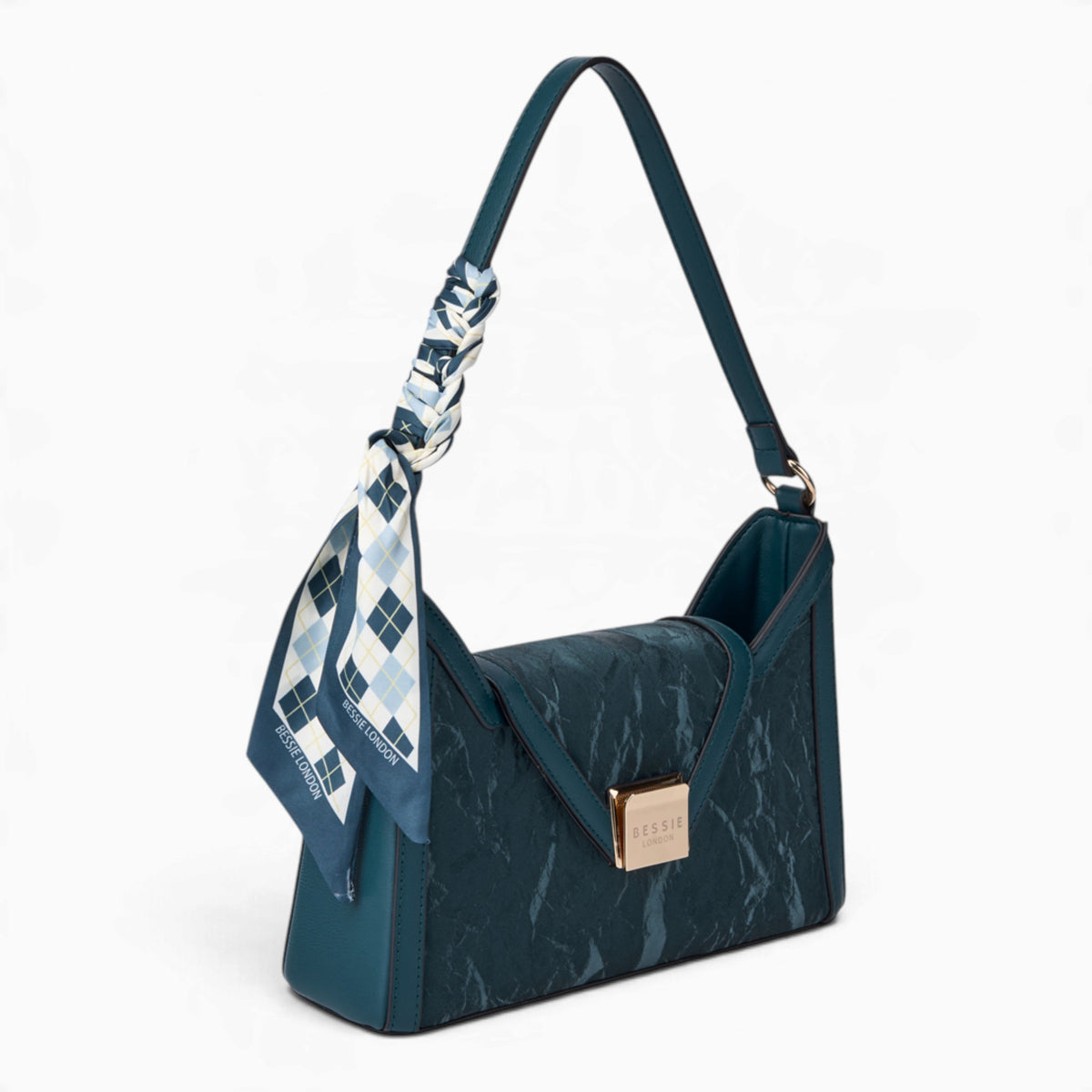 Blue velvet-effect underarm crossbody bag, angled view showing the flap top and scarf