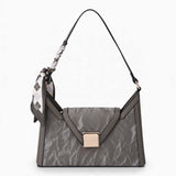 Grey velvet-effect underarm crossbody bag with a flap top and matching scarf