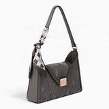 Grey velvet-effect underarm crossbody bag, angled view showing the flap top and scarf