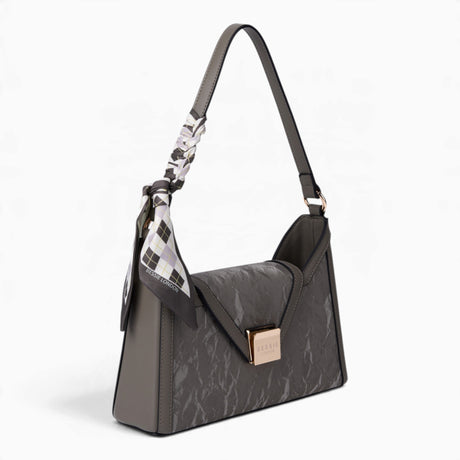 Grey velvet-effect underarm crossbody bag, angled view showing the flap top and scarf