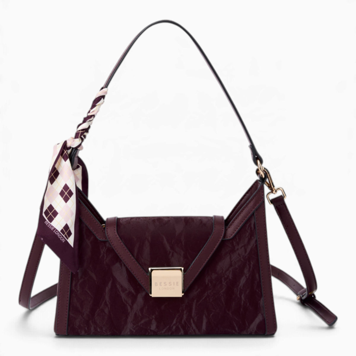 Wine velvet-effect underarm crossbody bag with a flap top and matching scarf