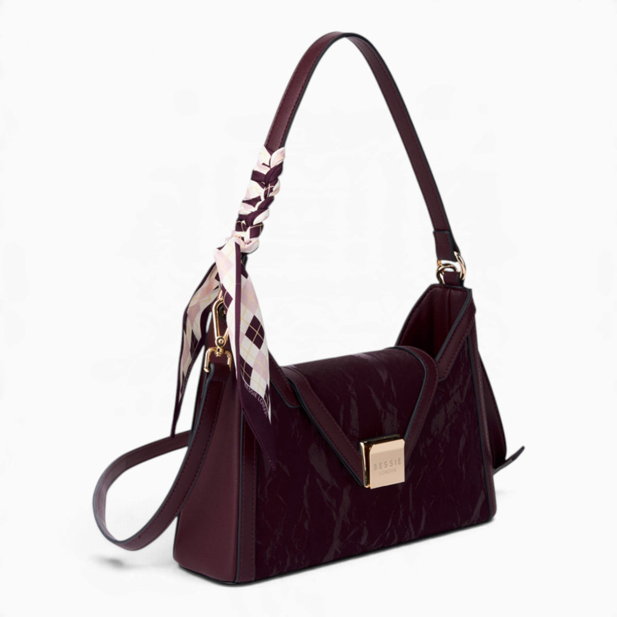 Wine velvet-effect underarm crossbody bag, angled view showing the flap top and scarf