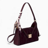 Wine velvet-effect underarm crossbody bag, angled view showing the flap top and scarf