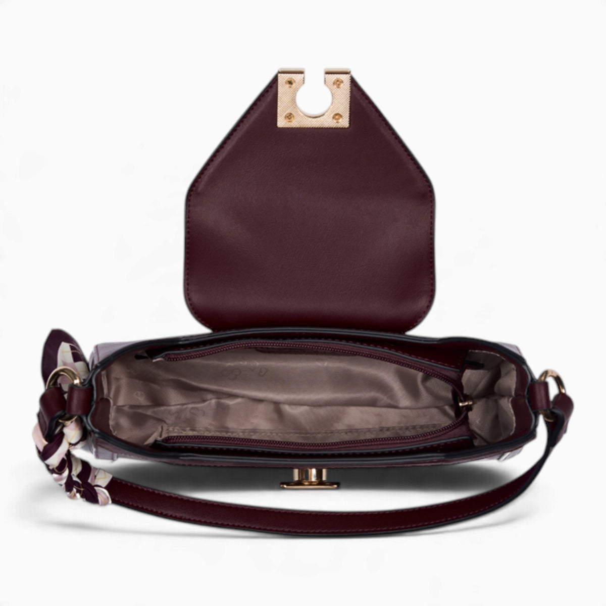 Wine velvet-effect underarm crossbody bag opened to show the main compartment under the flap